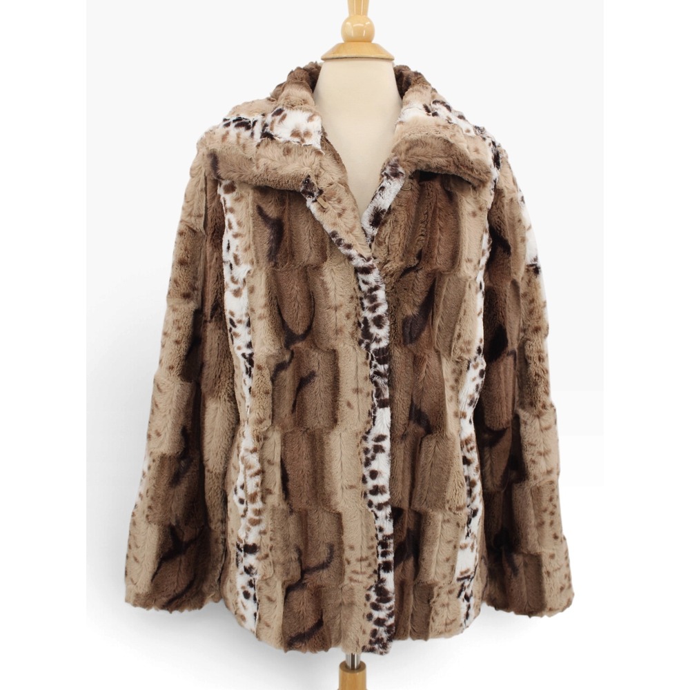Dennis Basso Faux Fur Coat womens Medium Brown Leopard Collared Glam Winter